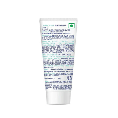 Tube of toothpaste with text on a white background.  Chicco Bubble Gum Toothpaste 12M to 6Y 50g go littles product image 3