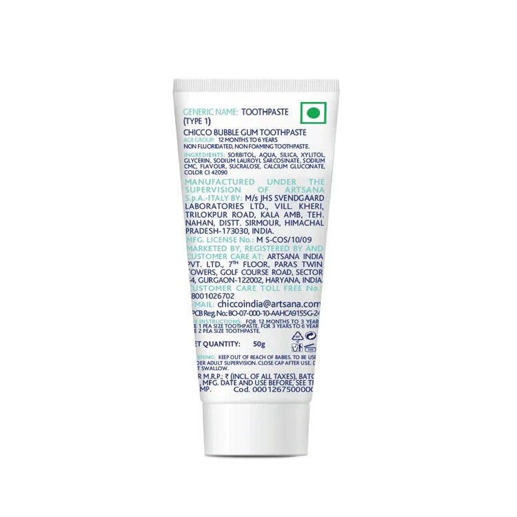 Tube of toothpaste with text on a white background.  Chicco Bubble Gum Toothpaste 12M to 6Y 50g go littles product image 3
