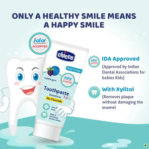 Chicco kids' toothpaste with a cartoon tooth character on a light blue background. Chicco  Bubble Gum Toothpaste 12M to 6Y 50g go littles product image 4