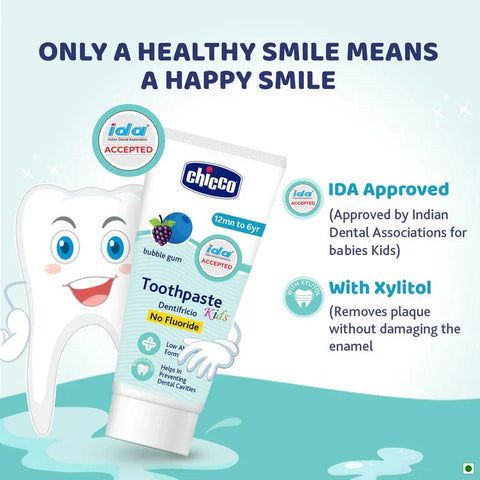 Chicco kids' toothpaste with a cartoon tooth character on a light blue background. Chicco  Bubble Gum Toothpaste 12M to 6Y 50g go littles product image 4