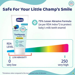 Chicco Kids toothpaste tube with abrasivity scale on a blue and white background. Chicco  Bubble Gum Toothpaste 12M to 6Y 50g go littles product image 5