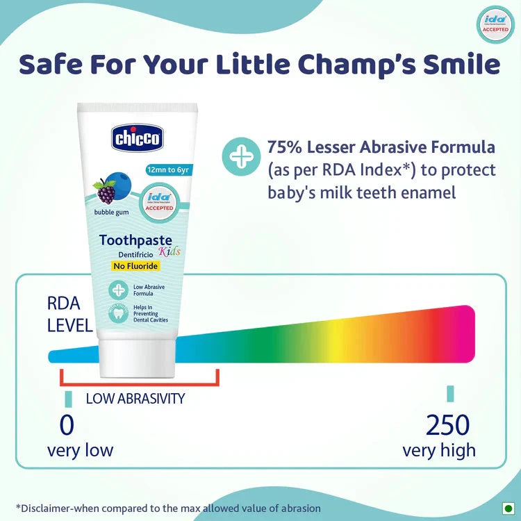 Chicco Kids toothpaste tube with abrasivity scale on a blue and white background. Chicco  Bubble Gum Toothpaste 12M to 6Y 50g go littles product image 5