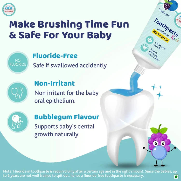 Advertisement for bubblegum-flavored fluoride-free children's toothpaste with product features highlighted.  Chicco Bubble Gum Toothpaste 12M to 6Y 50g go littles product image 6