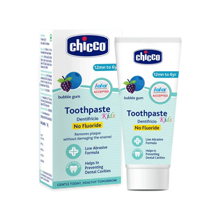 Chicco kids' toothpaste packaging with box and tube on a white background.  Chicco Bubble Gum Toothpaste 12M to 6Y 50g go littles product main image