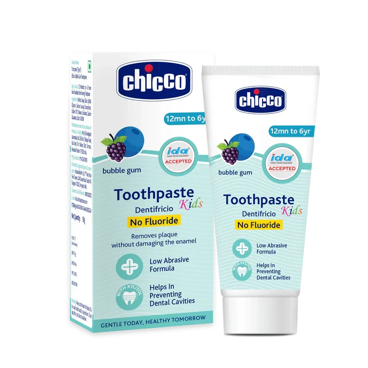 Chicco kids' toothpaste packaging with box and tube on a white background.  Chicco Bubble Gum Toothpaste 12M to 6Y 50g go littles product main image