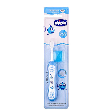 Chicco baby toothbrush packaging on a white background. Chicco Toothbrush Blue 6M to 36M go littles product image 