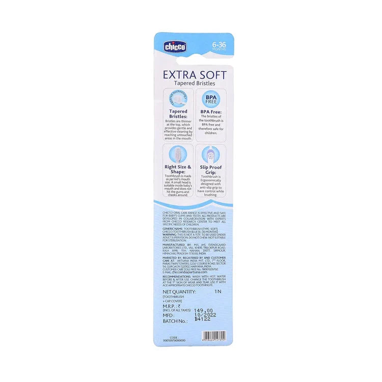 Package of Chicco Extra Soft teething ring with text and branding on a white background. Chicco Toothbrush Blue 6M to 36M go littles product image 3