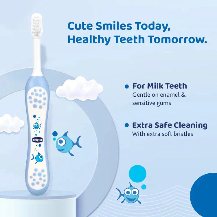 Children's toothbrush with blue and white design on a light blue background, featuring text about dental care. Chicco Toothbrush Blue 6M to 36M go littles product image 4