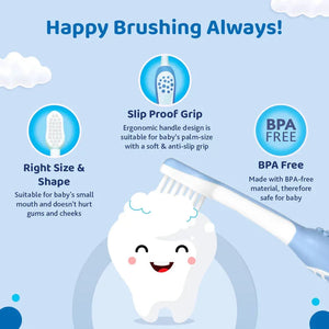 Infographic of a children's toothbrush with features like slip-proof grip and BPA-free material on a blue background. Chicco Toothbrush Blue 6M to 36M go littles product image 6