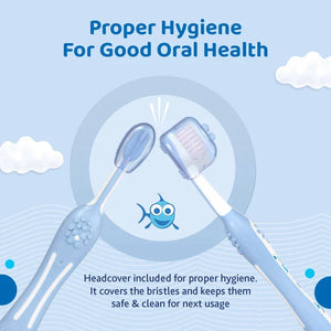 Illustration of two toothbrushes with a headcover, promoting proper hygiene for good oral health. Chicco Toothbrush Blue 6M to 36M go littles product image 7