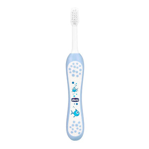 Children's toothbrush with blue handle and white bristles on a white background. Chicco Toothbrush Blue 6M to 36M go littles product main image