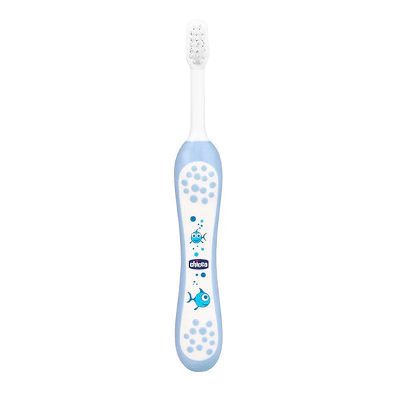 Children's toothbrush with blue handle and white bristles on a white background. Chicco Toothbrush Blue 6M to 36M go littles product main image