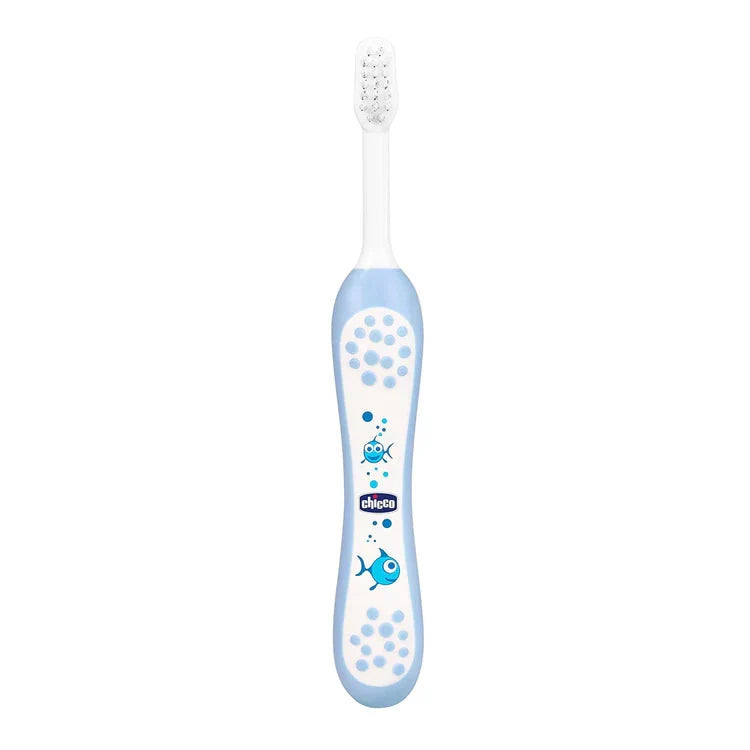 Children's toothbrush with blue handle and white bristles on a white background. Chicco Toothbrush Blue 6M to 36M go littles product main image