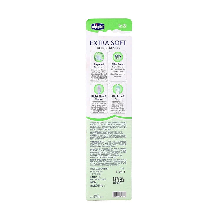 Package of Extra Soft Tapered Briefs with green and white design on a white background. Chicco Toothbrush Green 6M to 36M go littles product image 3