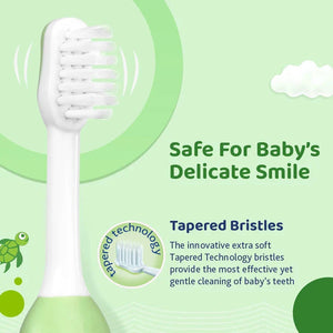 Baby toothbrush with tapered bristles on a green background. Chicco Toothbrush Green 6M to 36M go littles product image 5