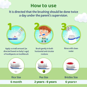 Instructions on how to use a toothbrush for children with visual aids and text. Chicco Toothbrush Green 6M to 36M go littles product image 8