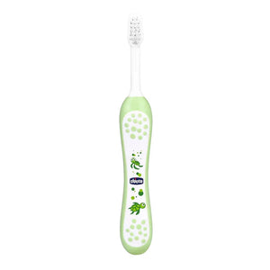 Green children's toothbrush with a visible brand logo on a white background. Chicco Toothbrush Green 6M to 36M go littles product main image