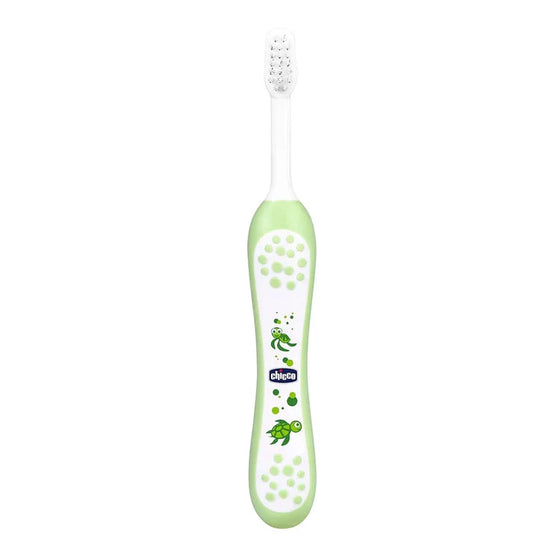 Green children's toothbrush with a visible brand logo on a white background. Chicco Toothbrush Green 6M to 36M go littles product main image