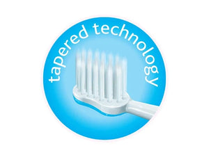 White toothbrush with 'tapered technology' text on a blue circular background. Chicco Toothbrush Set 6M to 36M Blue & Green Pack of 2 go littles product image 11