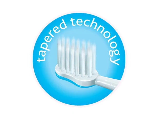 White toothbrush with 'tapered technology' text on a blue circular background. Chicco Toothbrush Set 6M to 36M Blue & Green Pack of 2 go littles product image 11