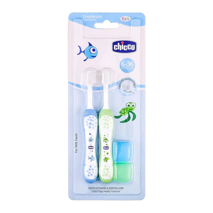 Chicco children's toothbrush set in packaging on a white background. Chicco Toothbrush Set 6M to 36M Blue & Green Pack of 2 go littles product image 2