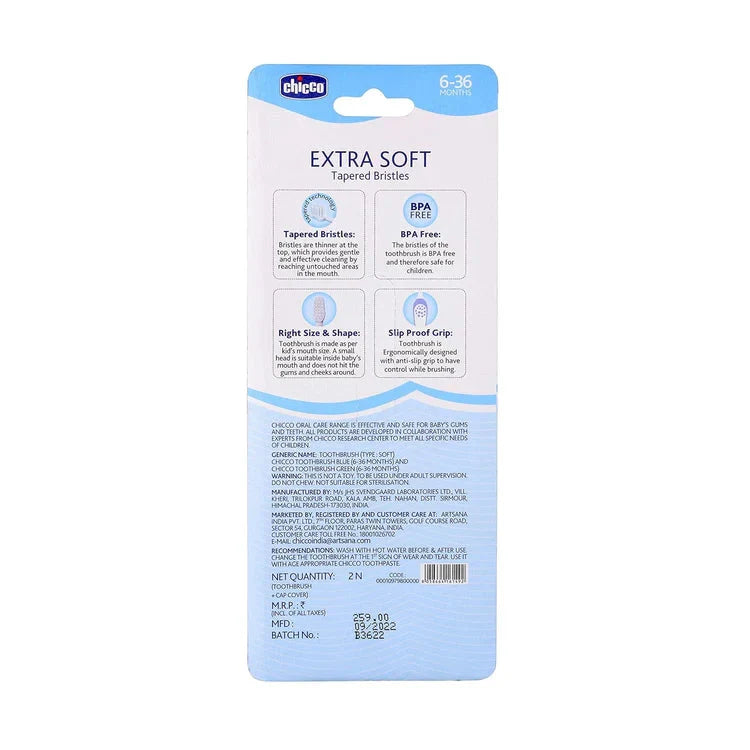 DCCDA toothbrush packaging with product details on a white background. Chicco Toothbrush Set 6M to 36M Blue & Green Pack of 2 go littles product image 4