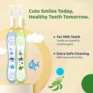 Two children's toothbrushes with cartoon designs on a beige background, featuring text about dental care. Chicco Toothbrush Set 6M to 36M Blue & Green Pack of 2 go littles product image 4