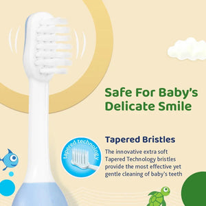 Children's electric toothbrush with tapered bristles on a light yellow background. Chicco Toothbrush Set 6M to 36M Blue & Green Pack of 2 go littles product image 5