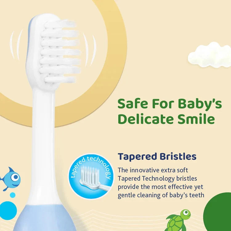 Children's electric toothbrush with tapered bristles on a light yellow background. Chicco Toothbrush Set 6M to 36M Blue & Green Pack of 2 go littles product image 5