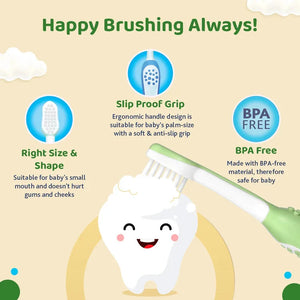 Baby toothbrush with features highlighted on a beige background. Chicco Toothbrush Set 6M to 36M Blue & Green Pack of 2 go littles product image 6