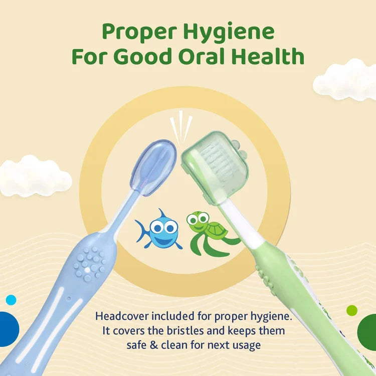 Two cartoon toothbrushes with a headcover, promoting proper hygiene for good oral health. Chicco Toothbrush Set 6M to 36M Blue & Green Pack of 2 go littles product image 7