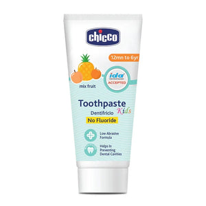 Chicco kids' toothpaste tube with fruit illustration on a white background. Chicco Toothpaste Mixed Fruit Flavor 12M to 6Y 50g  go littles product image 2