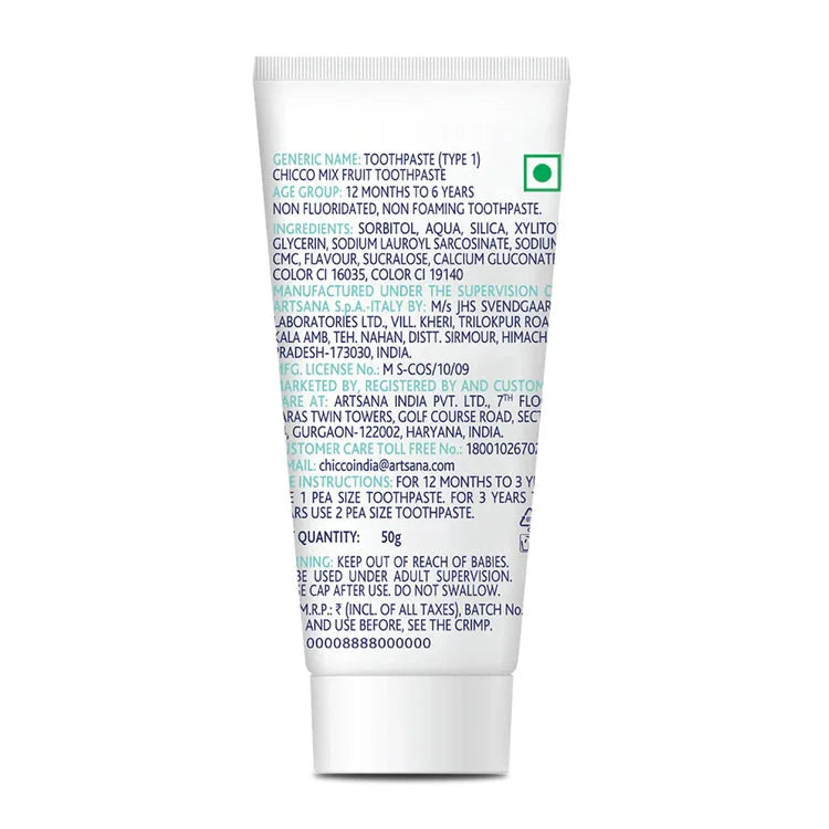 Tube of Chicco Mix Fruit Toothpaste on a white background. Chicco Toothpaste Mixed Fruit Flavor 12M to 6Y 50g  go littles product image 3