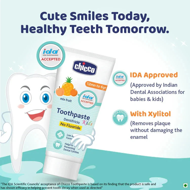 Chicco toothpaste for kids with a cartoon tooth character and promotional text on a light blue background. Chicco Toothpaste Mixed Fruit Flavor 12M to 6Y 50g  go littles product image 4