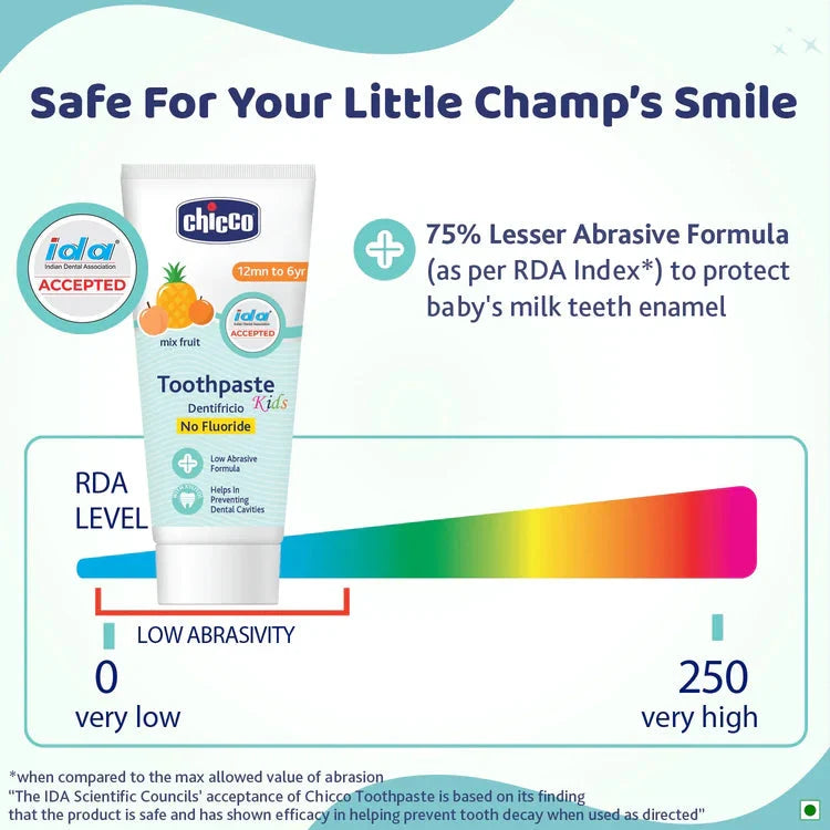 Chicco children's toothpaste tube with safety information on a white background