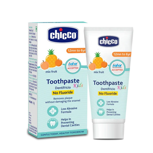 Chicco kids' toothpaste packaging with box and tube on a white background. Chicco Toothpaste Mixed Fruit Flavor 12M to 6Y 50g  go littles product main image