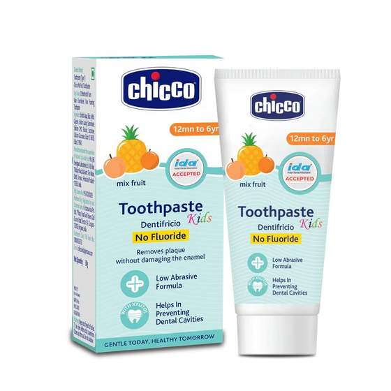 Chicco kids' toothpaste packaging with box and tube on a white background. Chicco Toothpaste Mixed Fruit Flavor 12M to 6Y 50g  go littles product main image
