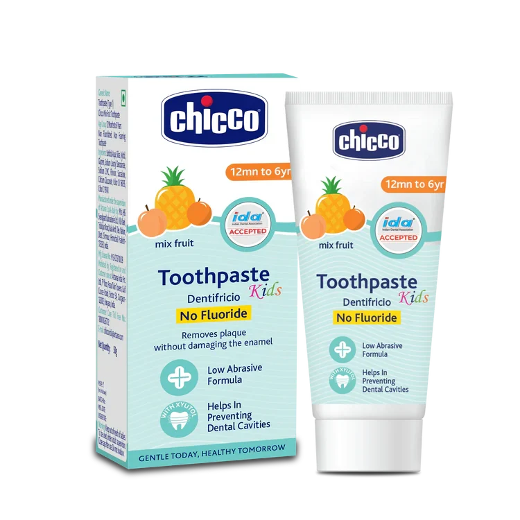 Chicco kids' toothpaste packaging with box and tube on a white background. Chicco Toothpaste Mixed Fruit Flavor 12M to 6Y 50g  go littles product main image