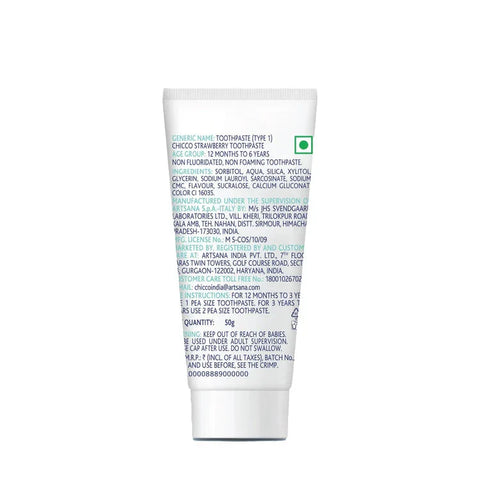 Back view of a toothpaste tube with text on a white background. Chicco Toothpaste Strawberry Flavor 12 M to 6y 50 g go littles product image 3