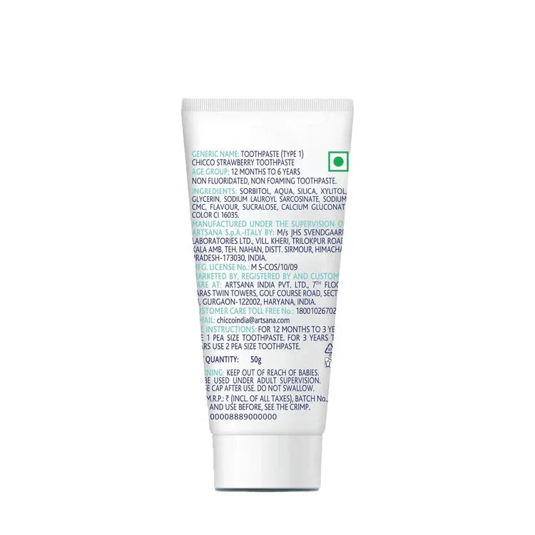 Back view of a toothpaste tube with text on a white background. Chicco Toothpaste Strawberry Flavor 12 M to 6y 50 g go littles product image 3