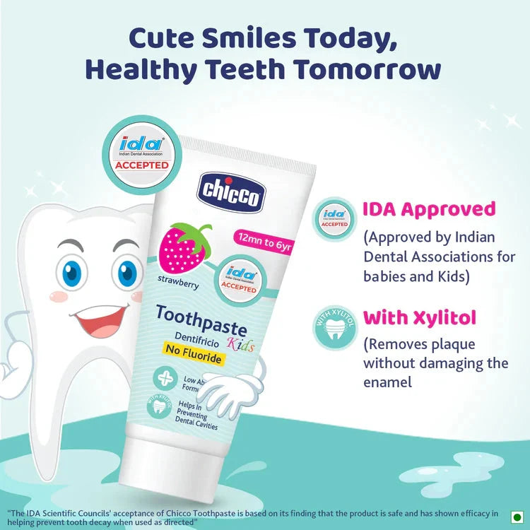 Chicco kids' toothpaste with a cartoon tooth character and product details on a light blue background. Chicco Toothpaste Strawberry Flavor 12 M to 6y 50 g go littles product image 4