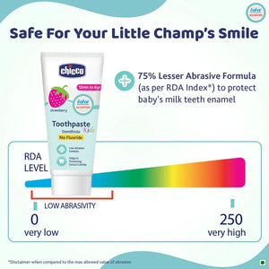 Chicco toothpaste tube with abrasivity scale and text on a light blue background. Chicco Toothpaste Strawberry Flavor 12 M to 6y 50 g go littles product image 5