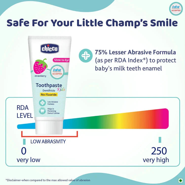Chicco toothpaste tube with abrasivity scale and text on a light blue background. Chicco Toothpaste Strawberry Flavor 12 M to 6y 50 g go littles product image 5