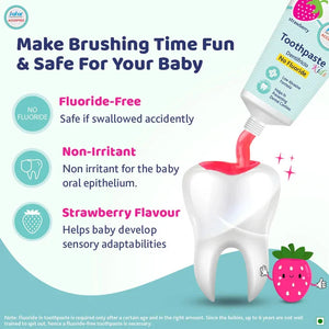 Baby toothpaste with strawberry flavor, fluoride-free, and non-irritant for safe and fun brushing time. Chicco Toothpaste Strawberry Flavor 12 M to 6y 50 g go littles product image 6