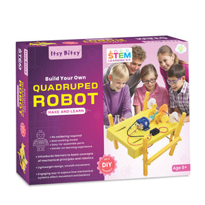 Box for 'Build Your Own Quadruped Robot' STEM learning kit with children on the cover. DIY STEM Learning Kit Build Your Own Quadruped Robot go science product image 1