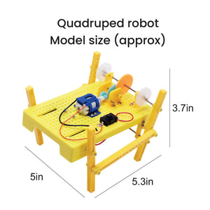 Yellow quadruped robot model with dimensions on a white background. DIY STEM Learning Kit Build Your Own Quadruped Robot go science product image 4