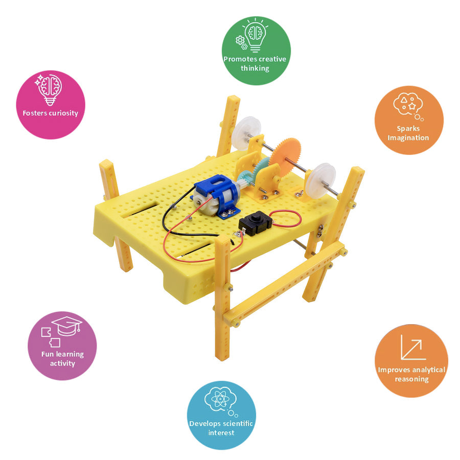 Yellow STEM education kit with components and text highlighting benefits on a white background. DIY STEM Learning Kit Build Your Own Quadruped Robot go science product image 5