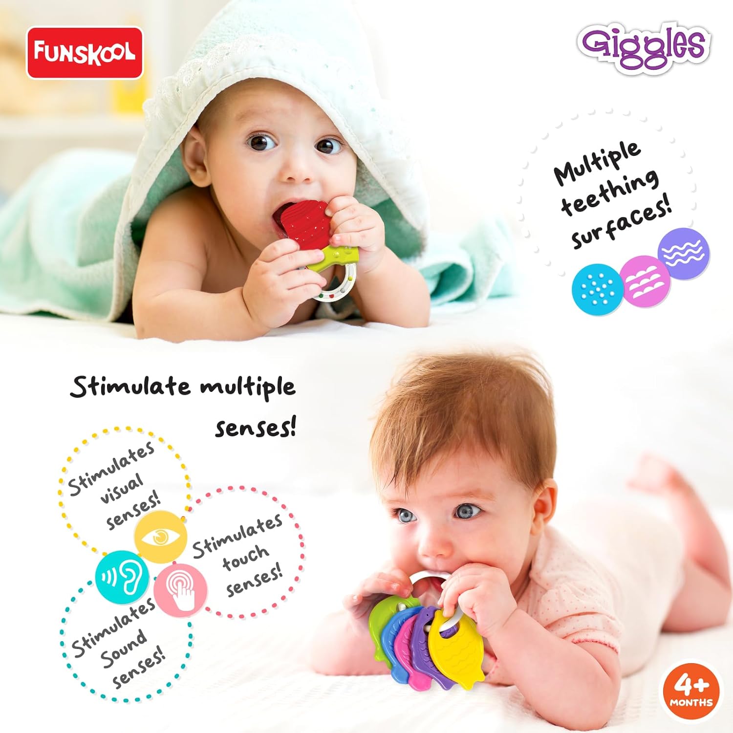 Funskool Giggles Baby's Best Friends at Go Littles product image 3. Baby playing with a colorful teething toy, surrounded by promotional text about the product's features.