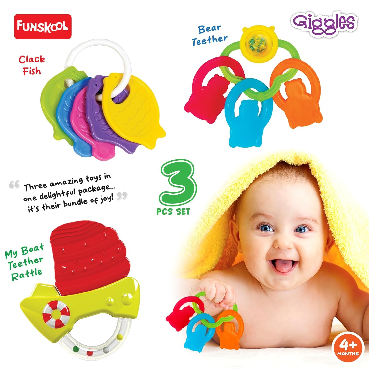 Funskool Giggles Baby's Best Friends at Go Littles product image 4. Funschool Giggles baby teething toy set with a baby and product packaging.