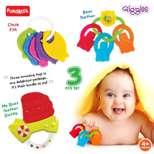 Funskool Giggles Baby's Best Friends at Go Littles product image 4. Funschool Giggles baby teething toy set with a baby and product packaging.